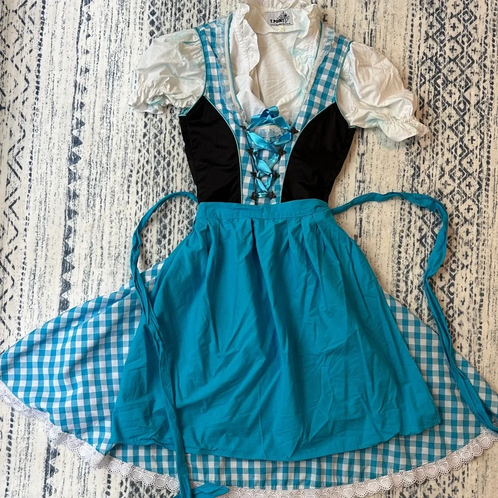Oktoberfest Blue Gingham Kid or XS adult Costume Dress with Ruffled Blouse